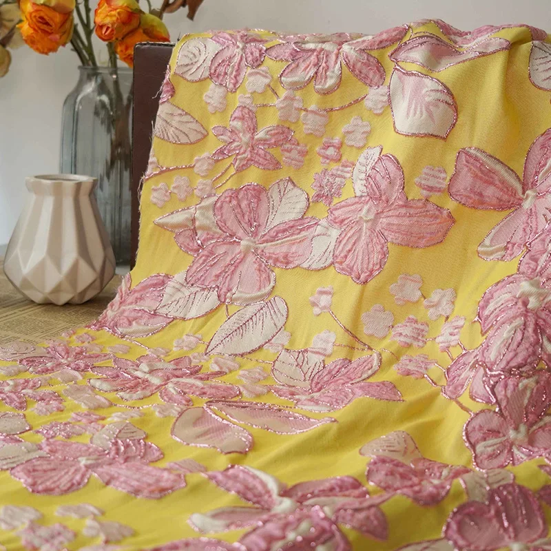 Pink Flower Bright Yellow Jacquard Brocade Fabric Autumn Winter Fashion Dress Bag Diy Sewing Fabric