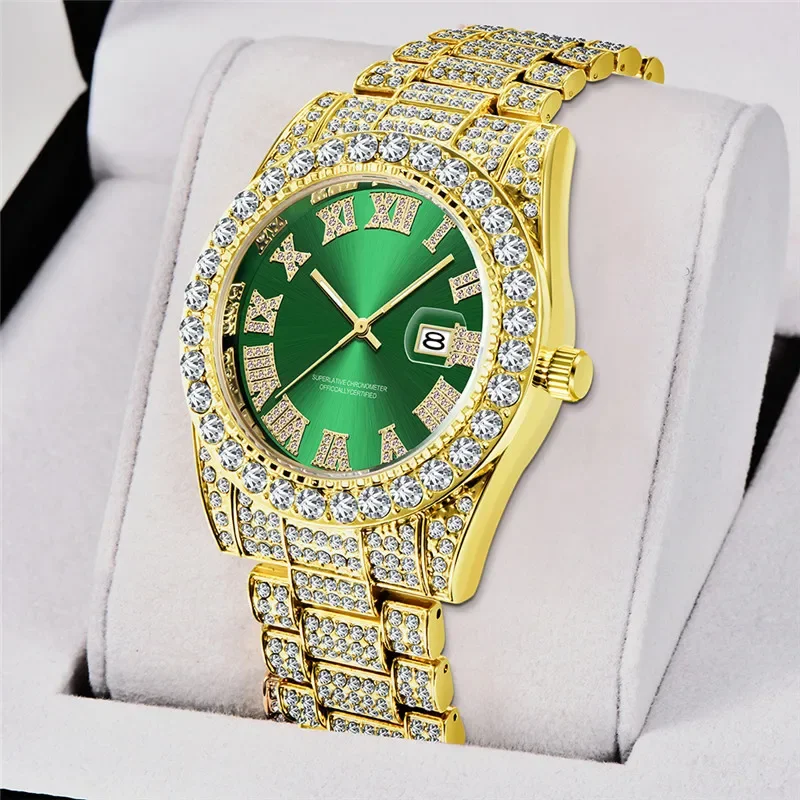 Men Fashion Trend Gold Full Diamond Hip Hop Date Quartz Watches