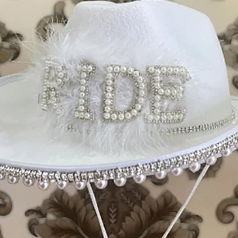 

A2ES White BRIDE Letter Cowgirl Hat Shinning Faux Pearl BRIDE Letter Wedding Decors