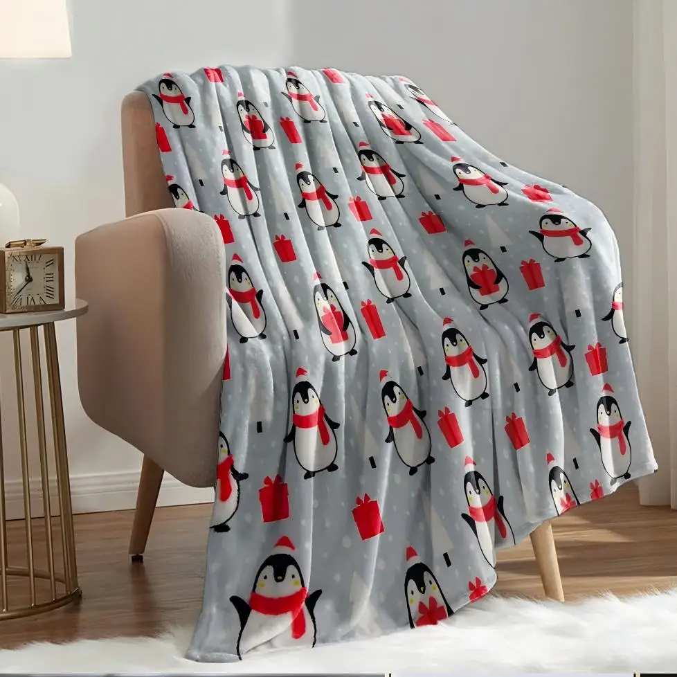 1PC Überwurf, niedliche Pinguin-Tiere, Blumenmuster, Flanelldecke, dünne Überwurf, weiche warme Decken, Festival-Geschenke für Familie und Freunde