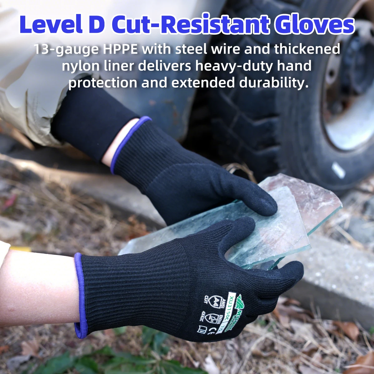XYEHS Level C Cut Resistant Gloves 13G HPPE Fiberglass Liner PU Dipped Coated Non-slip Wear-resistant Safety Work Gloves