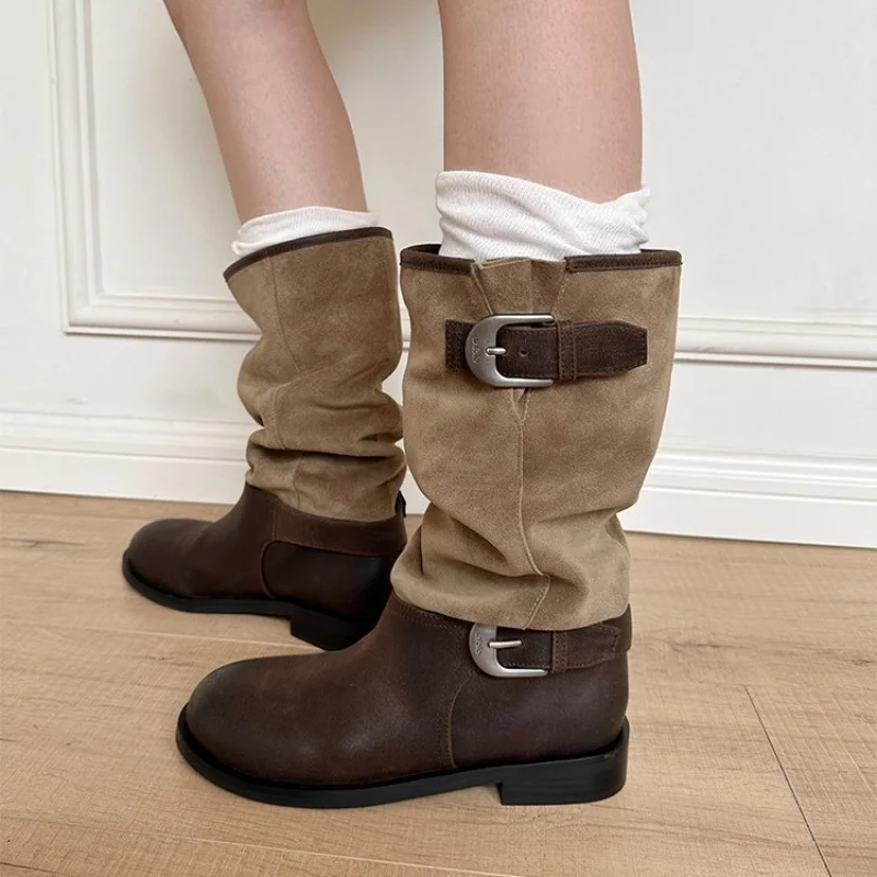 

2025 New Chunky Heel Round Toe Leather Boots Women's Knee High Western Stacked Cowboy Boots with Buckle Strap Crinkle Design