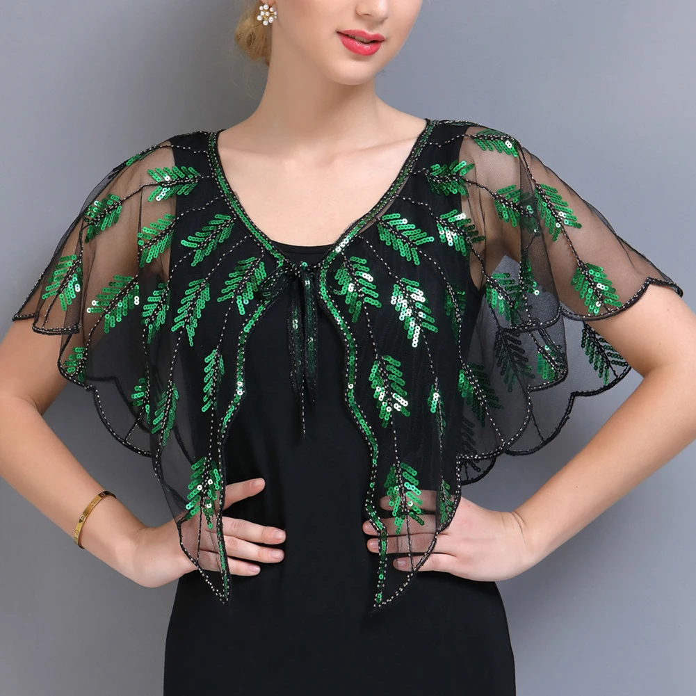 

Retro 1920s Beaded Sequin Shawl Vintage Flapper Evening Cape Sheer Mesh Embroidery Leaf Women Bolero Party Accessories