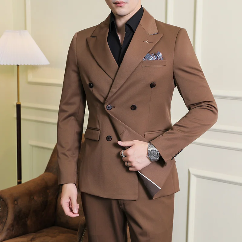 High-end double-breasted suit (suit + trousers) S-7XL Korean slim fashion handsome business solid color suit two-piece set