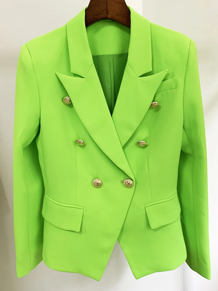 HIGH STREET Newest 2024 Designer Jacket Women\'s Classic Metal Lion Buttons Double Breasted Slim Fitting Blazer Neon Green