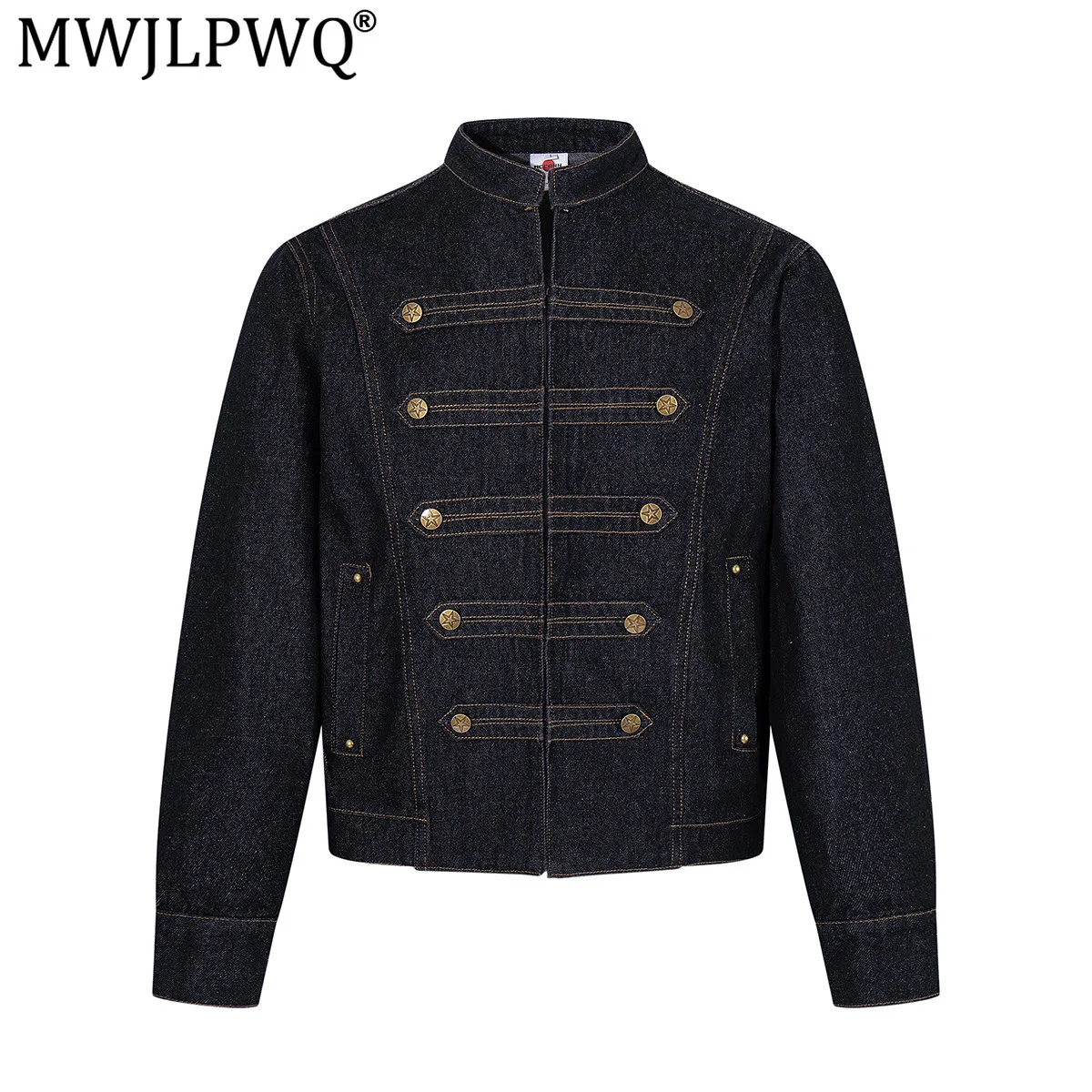 MWJLPWQ American-Style Casual Boxy Denim Jacket Men's Button Design Spliced Street Style Stand-Up Collar Top Spring Autumn 21407