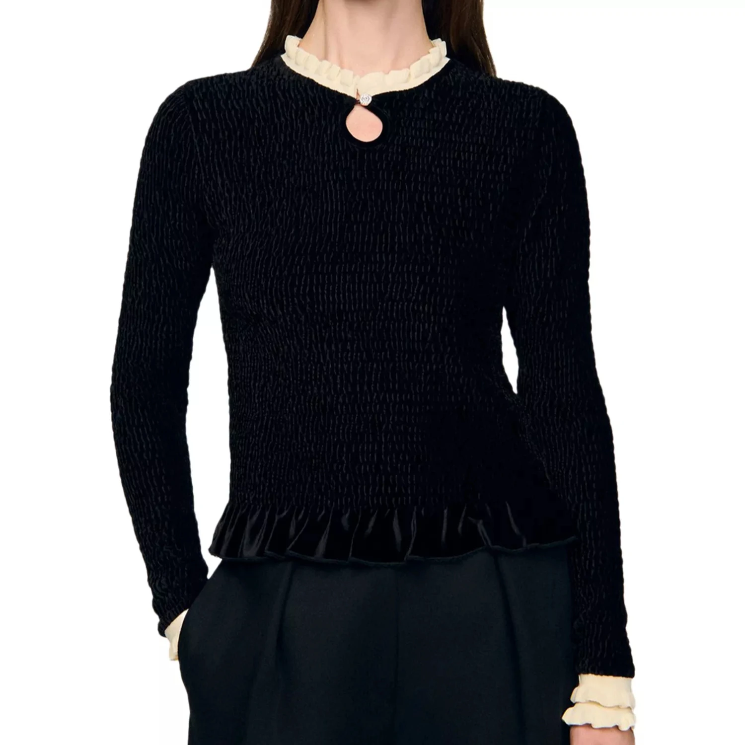 

【Gift Free】 French Niche Color-Block Ruffle Collar Stretch Slim Ruched Pullover Velvet Top 2025 Fall New