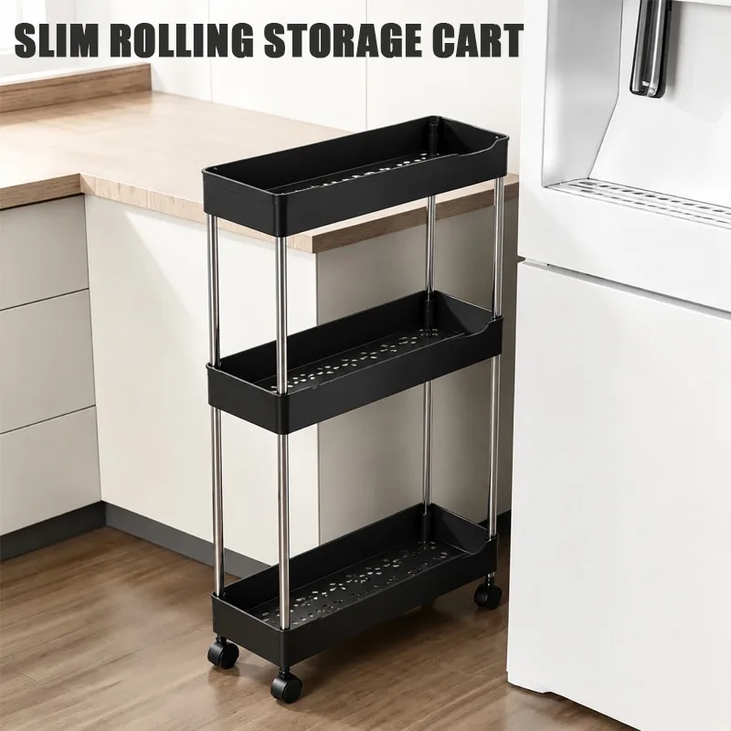 3 Tier Slim Rolling Storage Cart Narrow Gap Organizer PP Plastic Trolley With Wheels For Kitchen Bathroom Living Room Storage