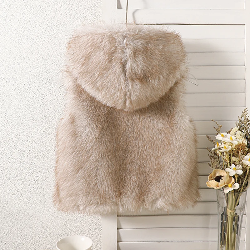 Faux Fur Children's Clothing Vest, Imitation Fur Zipper Hooded Vest, Eco-Friendly Fur Vest, Fluffy Sleeveless Jacket, Autumn and Winter Fashion Outerwear for Boys and Girls
