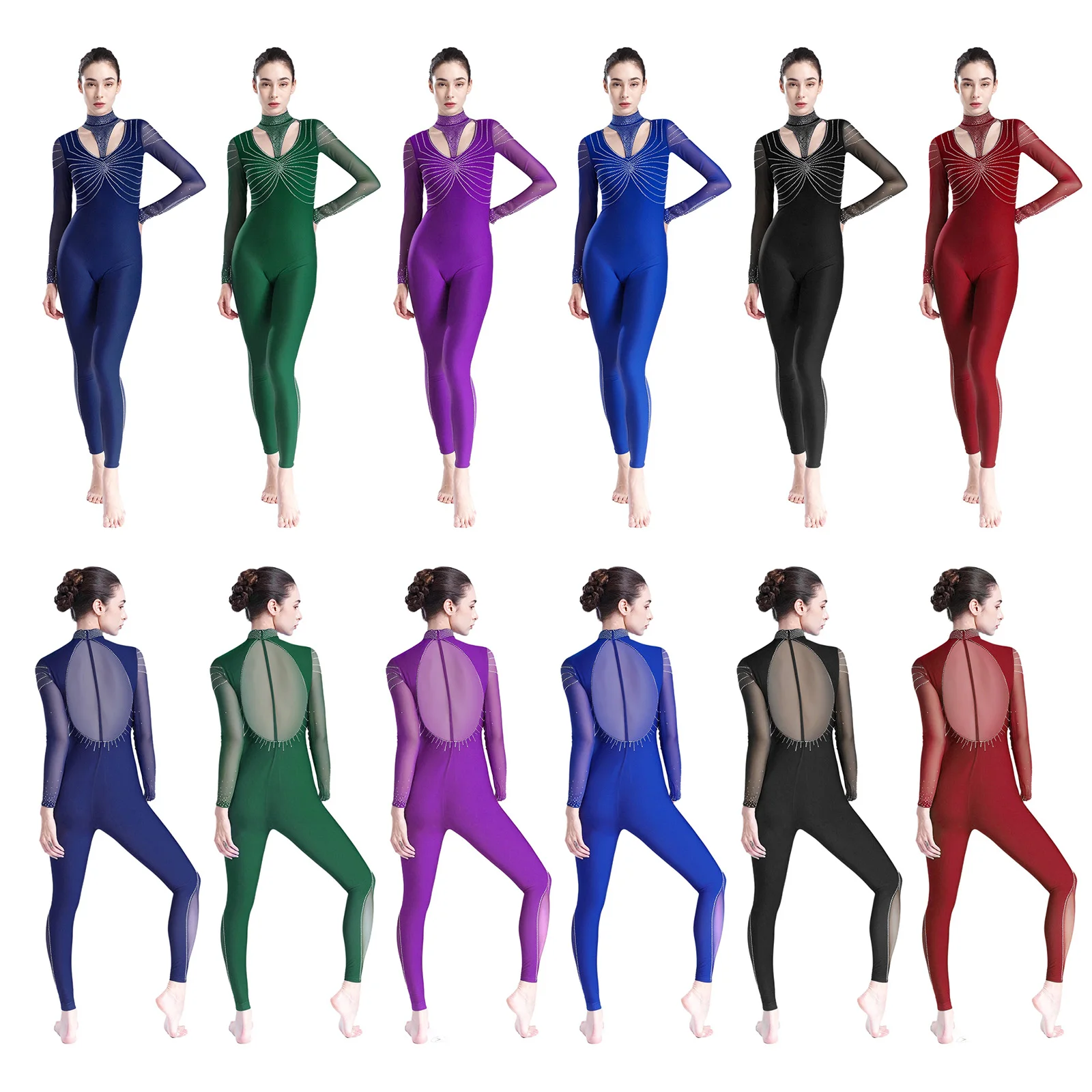 Damskie błyszczące rajstopy baletowe z dżetami, strój do tańca, gimnastyki, łyżwiarstwa figurowego, kostium z długim rękawem, kombinezon.