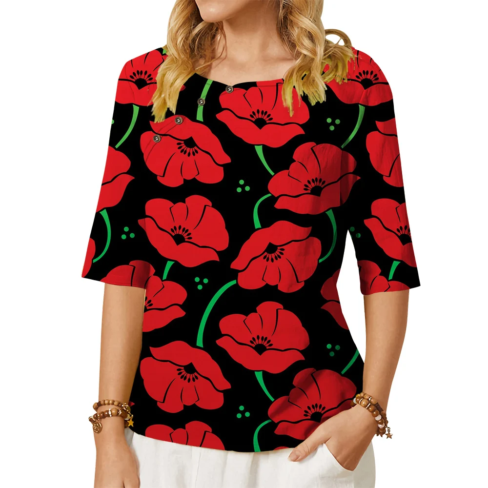 

CLOOCL Women T-shirt Beautiful Red Flower Pattern 3D Printed Tees Button Decorate Crew Neck Middle Sleeve Tees Summer Blouse