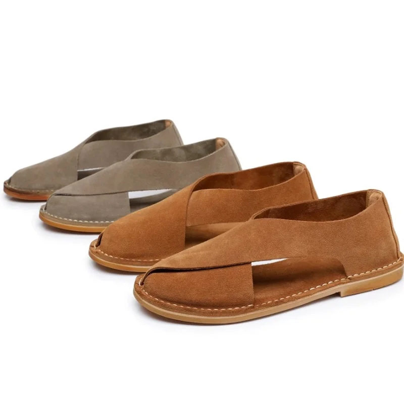 Hand-sewn British Retro Suede Sandals For Men Slip-on Summer Loafers Flats Casual Lazy Shoes Genuine Leather Roman Sandals - Detail 1