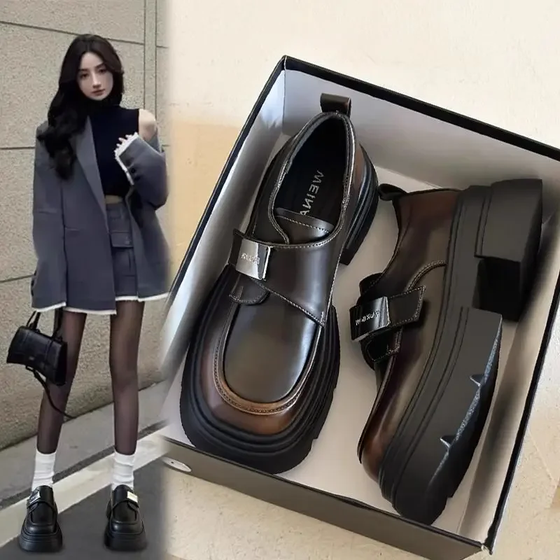 

Leather Platform Shoes for Women New 2025 Spring Black Thick Heel Mary Jane Shoes Retro British Style Loafers Zapatos De Mujer