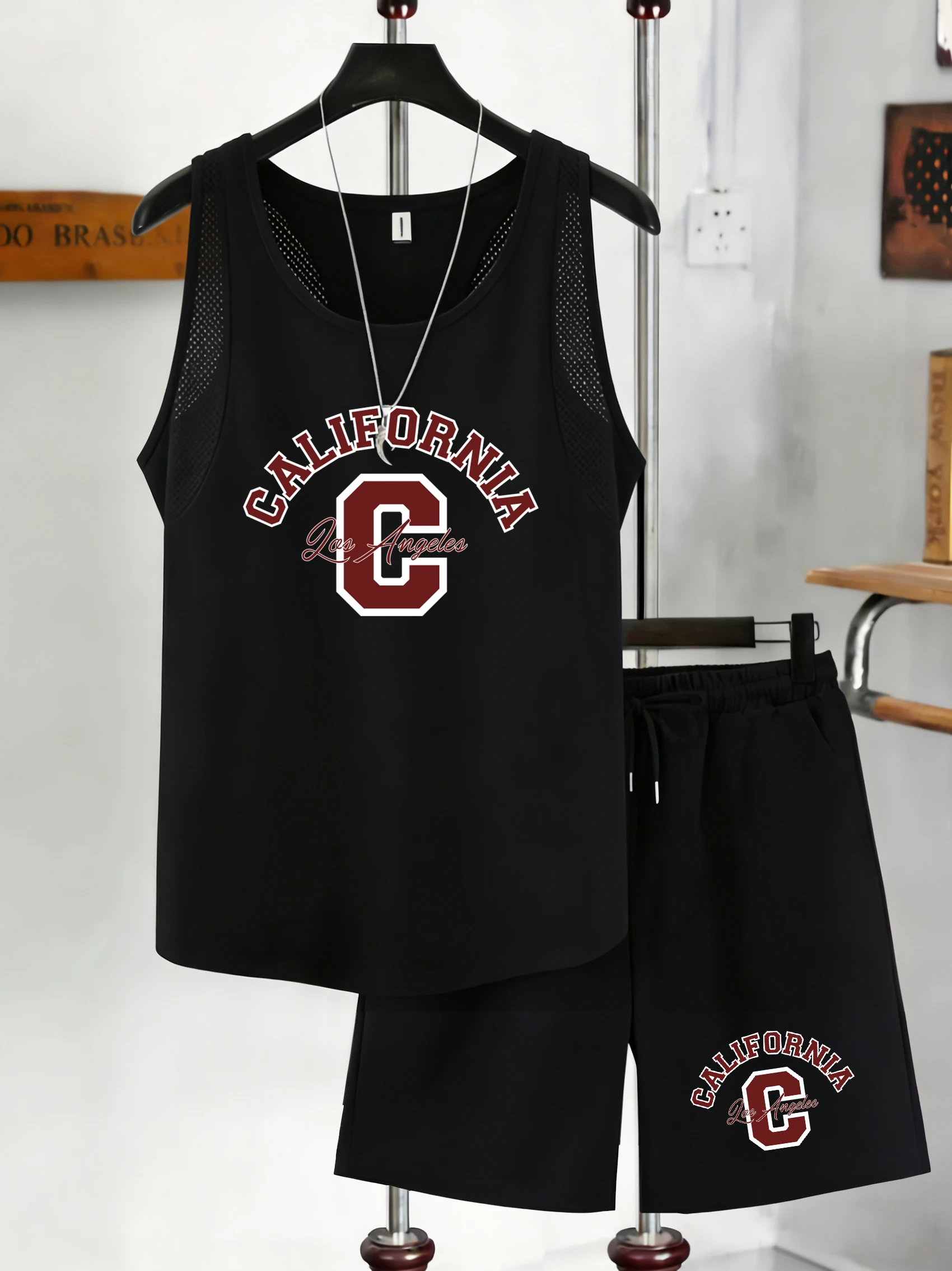 

California Usa Letter C Printed Men Reticular Vest Set Summer Soft Shorts Fashion Basics Vests Unisex Breathable Clothes