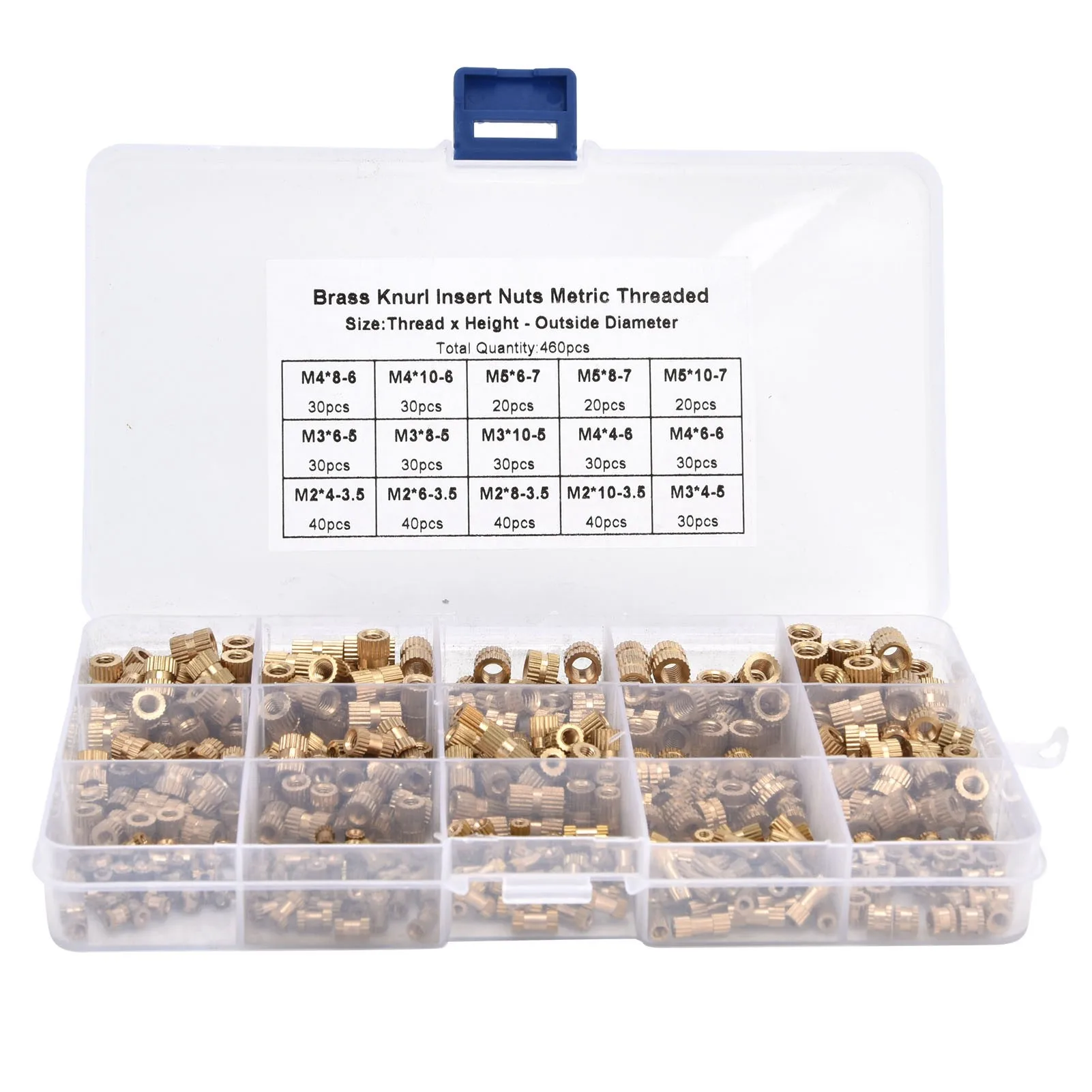 460Pcs Knurled Nuts M2 M3 M4 M5 Female Thread Brass Threaded Insert Embedment Assortment Kit