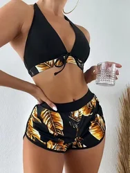Women New Bikinis Sexy Halter Bikini 3 Piece Set Leafs Print High Waisted Swimsuit Beach Bathing Suit Size Swimwear Women