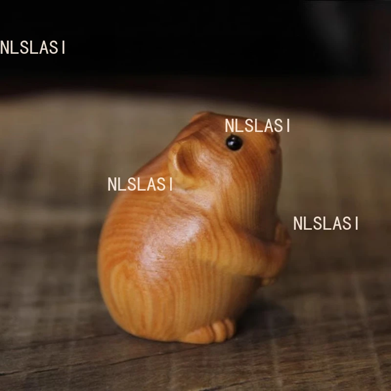 Cliff Cypress Hamster Woodcarving Cute Solid Wood Mouse Handle Piece Tea Pet Tea Table Decoration Ornaments Room Decoration