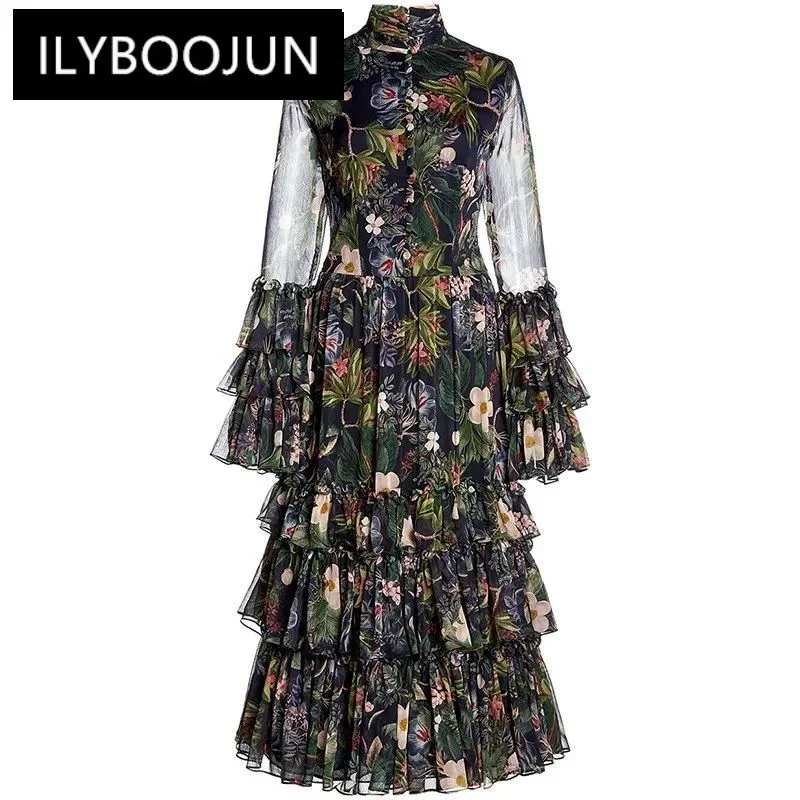 

ILYBOOJUN Fashion Runway Vintage Print Cupcake Dress Women Flare Sleeve Button Cascading Ruffle High Waist Slim Midi Dress