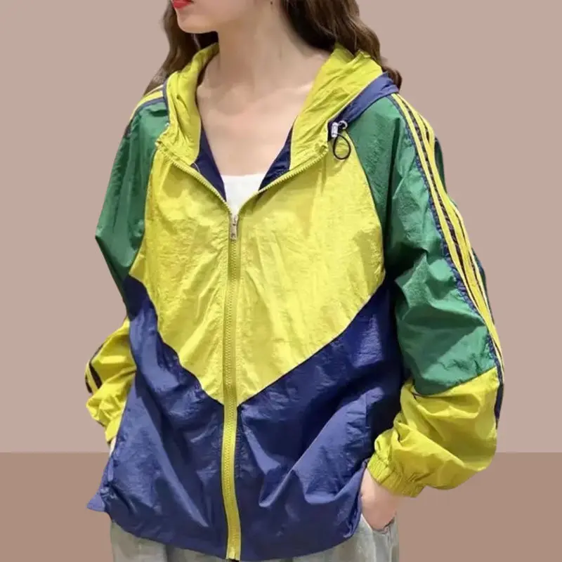 2023 New Summer Fashion Minimalist Stripe Color Blocking Loose Casual Oversize Versatile Thin Breathable Sun Protection Jacket