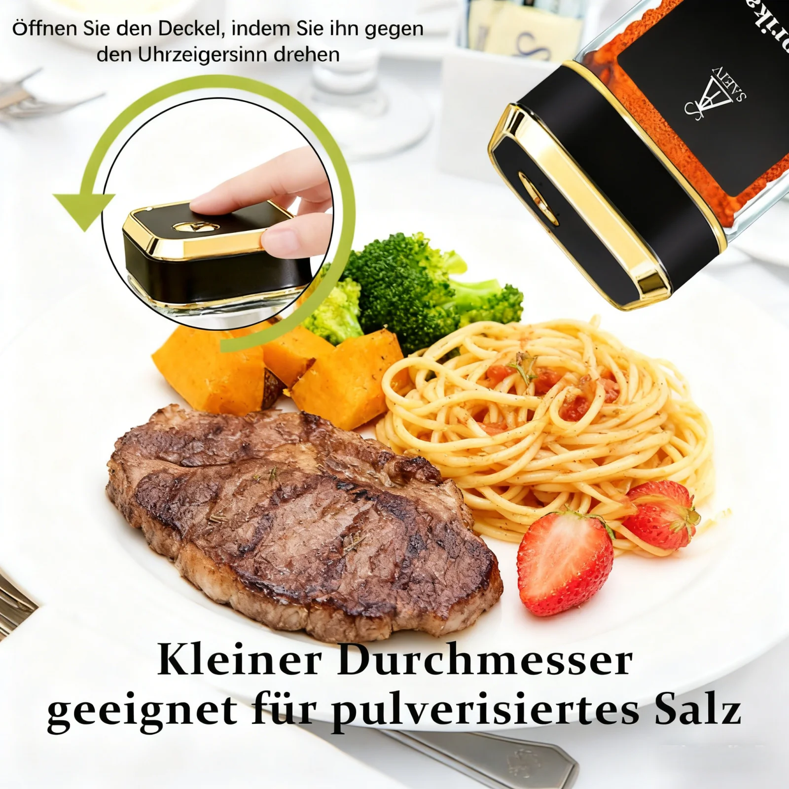Saeiv 12/24 Quadratische Goldfarbene Gewürzgläser, 360 ° Drehbarer Gewürzspender - Frei Einstellbar, Gewürzbehälter-Set, Gewürzetiketten, Gewürzgläser aus Glas, für Ordentliche Gewürzaufbewahrung. – Detail 6
