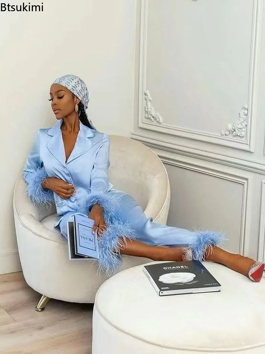 New Women's Satin Pajamas 2 Piece Set Feather Cuff Long Sleeve Tops and Pants Soft Elegant Homewear Luxury Ladies Sleepwear Suit