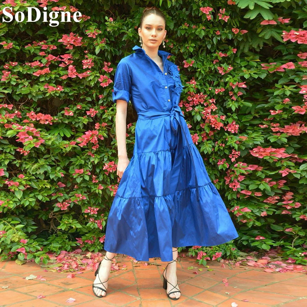 SoDigne-vestidos de noche azules reales, corte en A, apliques florales, botón, longitud del té, vestido de fiesta plisado escalonado, vestidos de graduación informales 2024