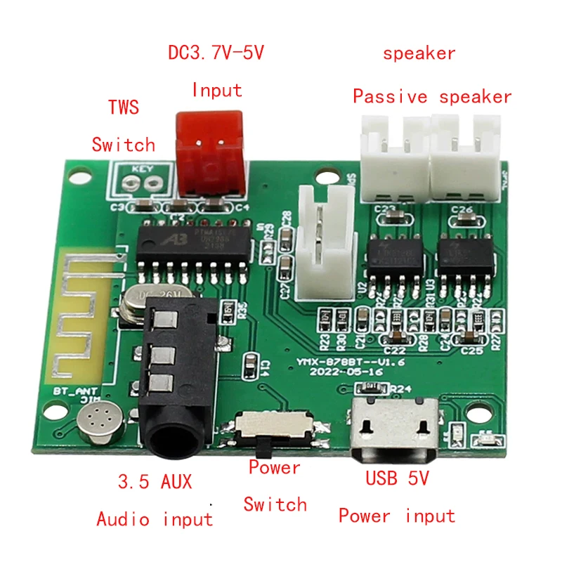 Multifunction Speaker DIY 5.3 BT Module 5V 5w+5w TWS Power Amplifier Board 3.5aux Wireless PCBA Board