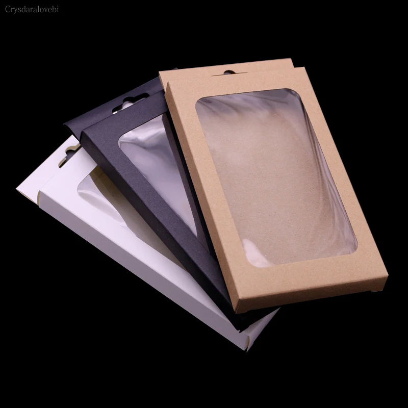 30pcs 4 Sizes Black Kraft Paper Box with Pvc Window for Mobile Phone Case Universal Phone Box Retail Phone Case Packaging Box