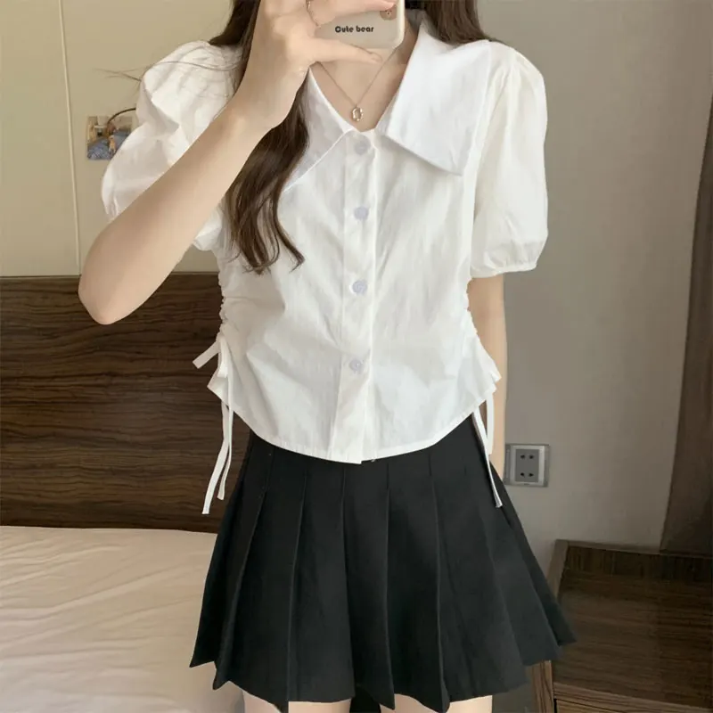 French Style Shirring Drawstring Blouse Summer Solid Color Women's Clothing Turn-down Collar Waist Single-breasted Short Shirts