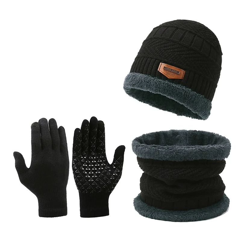 Dreiteilige Strickmütze, warme Wintermütze, rutschfeste Touchscreen-Handschuhe mit dickem Wollgarn, Schalmütze