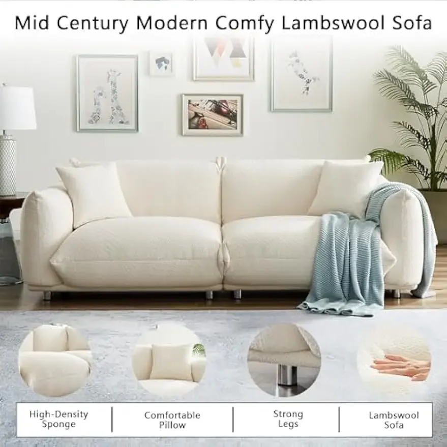 

3 Seater Oversized Cloud Couch Loveseat Sofa w/2 Pillows,Comfy Sherpa Lambswool Fabric Modular Sectional Sofa w/Metal Legs,White