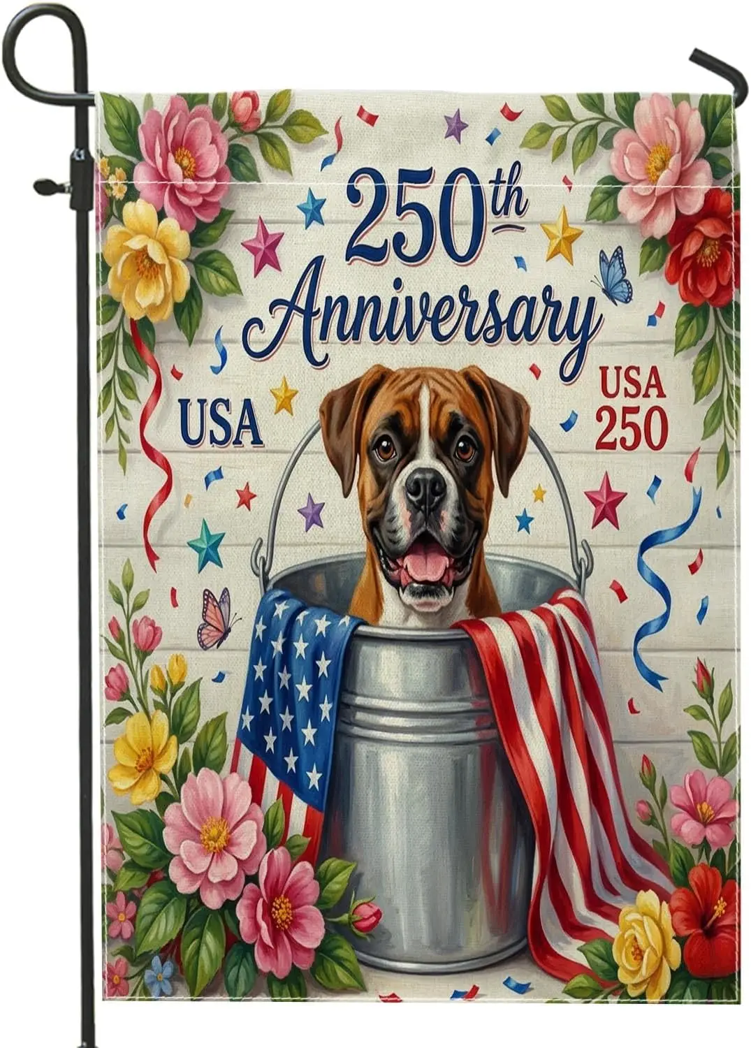 250 Years Boxer Dog Garden Flags 12x18 Inch for Outside, 4th of July Wood Pattern Standard Linen House Flags, American Front AAS