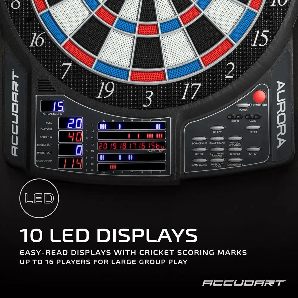15.5 Tournament-Sized Aurora Dartboard: 41 Games, 323 Variations, 10 LED Displays, Advanced Features