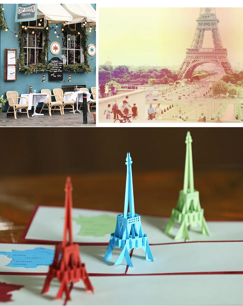 

Handmade Creative 3D Pop Up Greeting Cards, La Tour Eiffel Tower, Kirigami and Origami