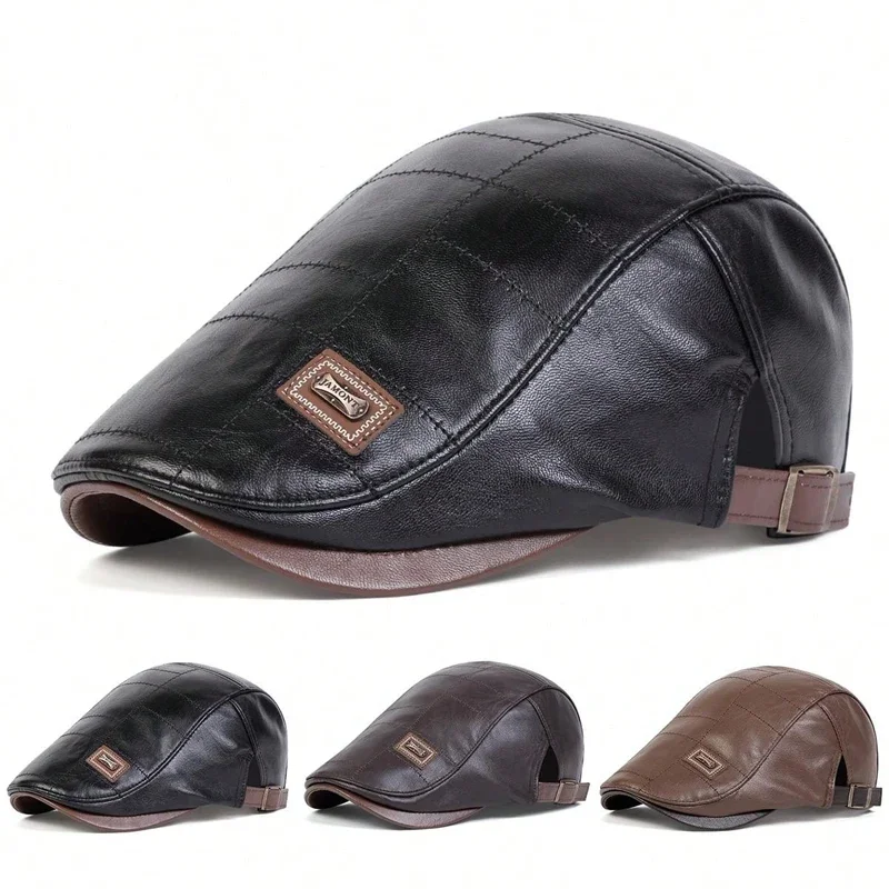 Herren Retro PU-Leder Newsboy Caps mit JAMONT-Labeling, Britische Malerhüte, Frühling Herbst Seitlich Verstellbare Flatcap, Hip-Hop-Baskenmützen