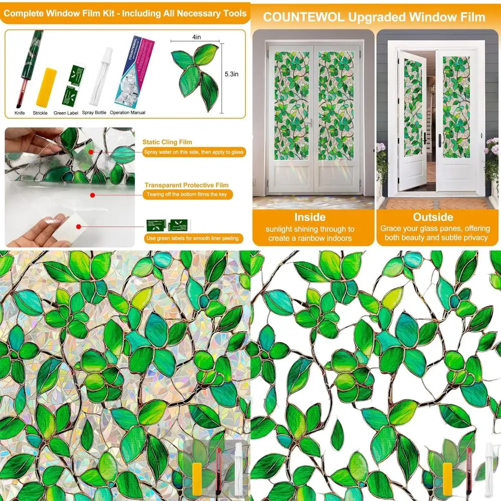 

Декоративная цветная пленка для окон - многоразовые электростатические наклейки для защиты от посторонних глаз, с изображением зеленых листьев, 35,4 x 157,4 дюйма