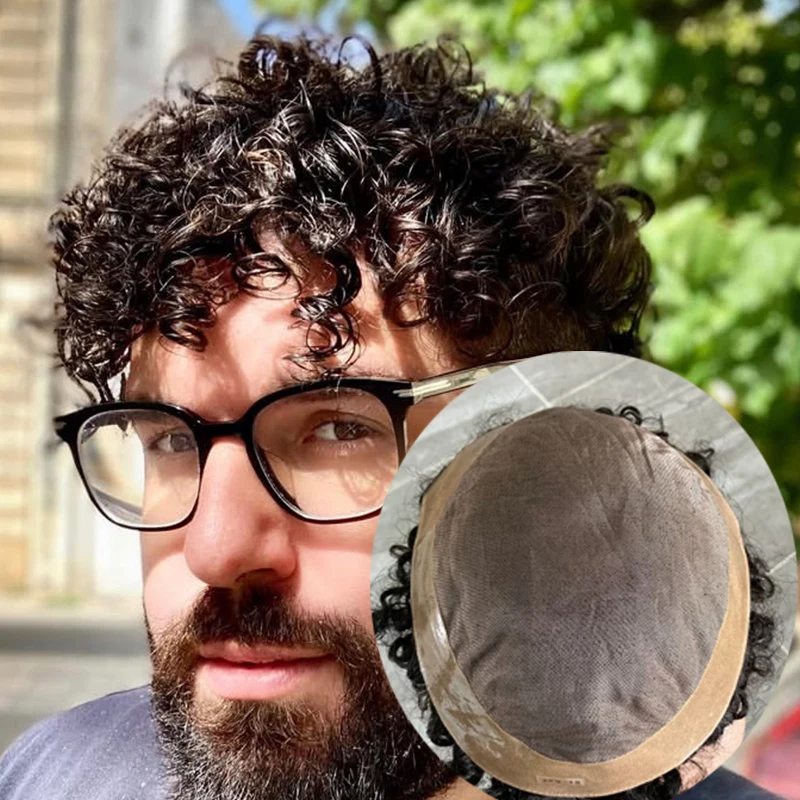 18mm 20mm Kıvırcık Görünmez Kılcal İnsan Saç Erkek Peruk Nefes Mono ve NPU Erkek Saç Protezi Değiştirme Sistemi Postiş