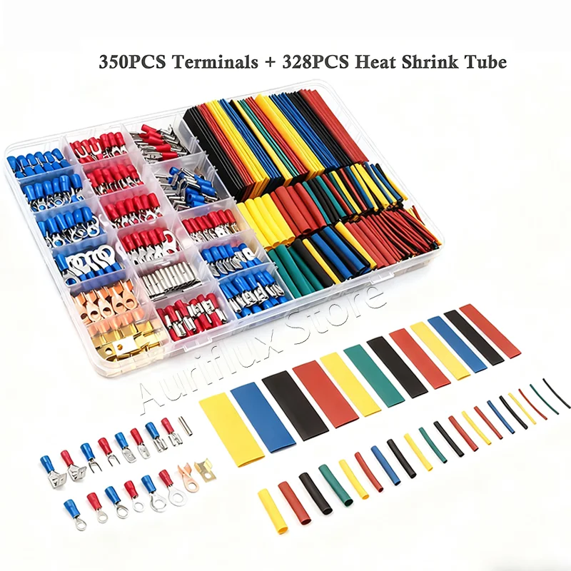 

678pcs Cold-Press Terminal Butt, Ring, Spade Connectors Wire Terminal Kit Heat-shrinkable Tubing Assorted for Wiring Repairs