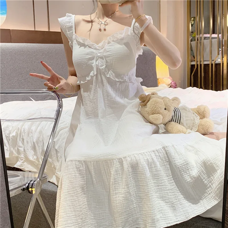 Sweet Wavy Lace Decoration Padded Suspender Nightgown for Women Long Style Summer 2024 New Pajamas Home Wear Set Drop Shipping