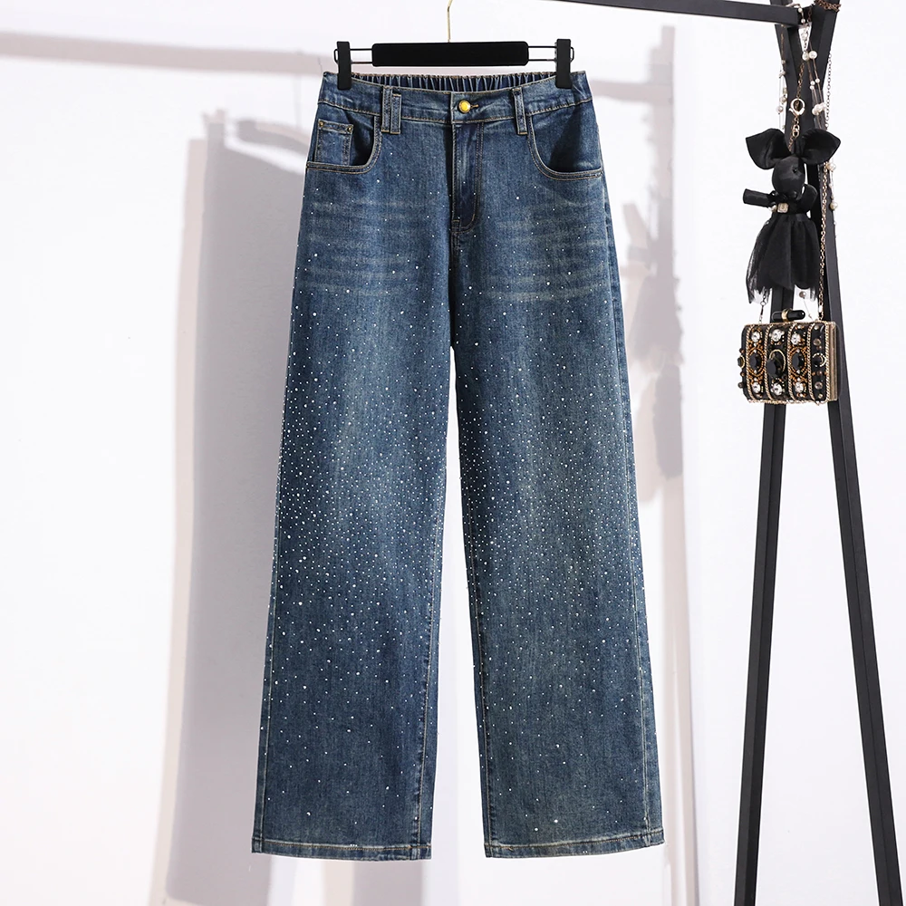 High Waist Straight Leg Denim Jeans Women plus Size Sparkling Rhinestones Slimming Loose Wide Leg Pants Casual Cotton Polyest...