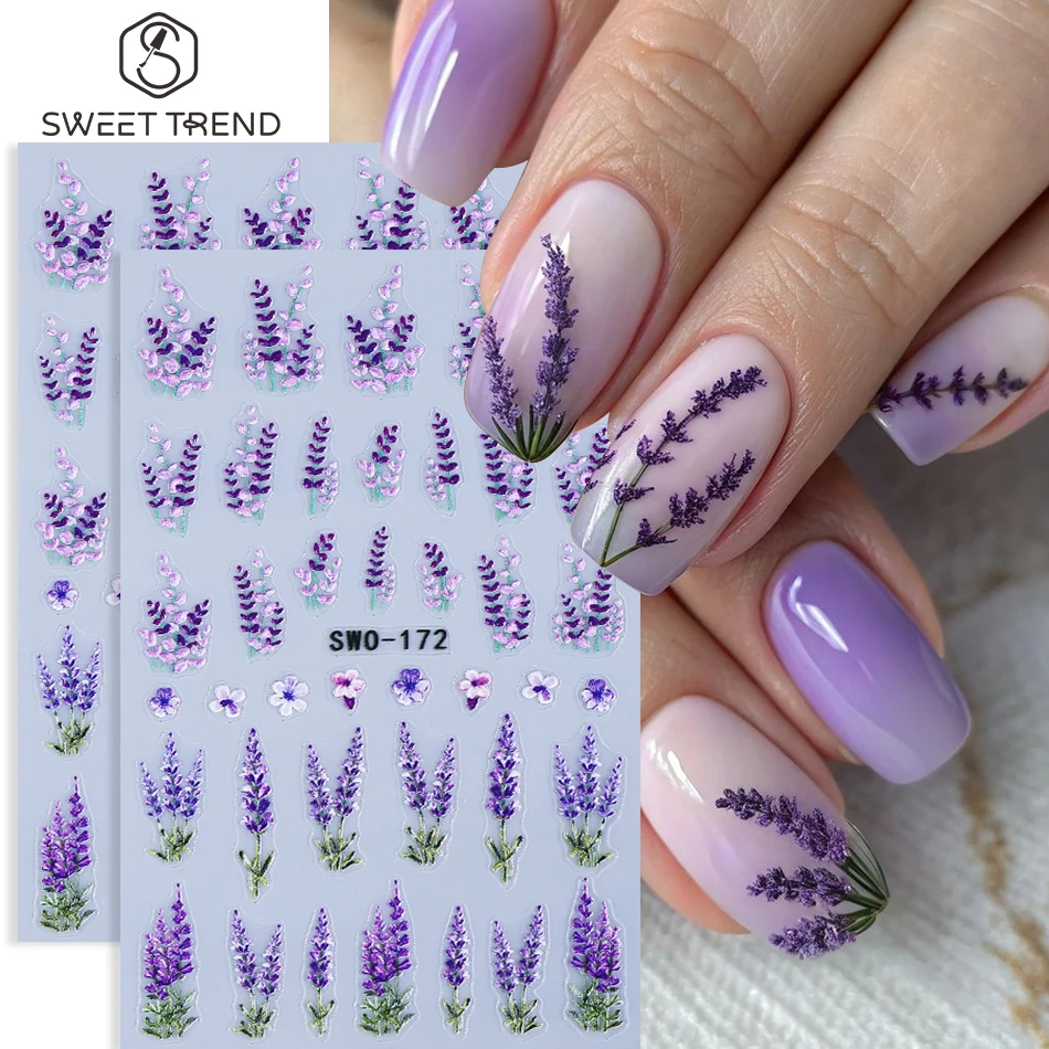 2 Stück elegante lila Lavendel-Nagelaufkleber für Frühling und Sommer, romantische Blütenblätter, selbstklebende Nagelaufkleber, DIY-Nageldekorationszubehör