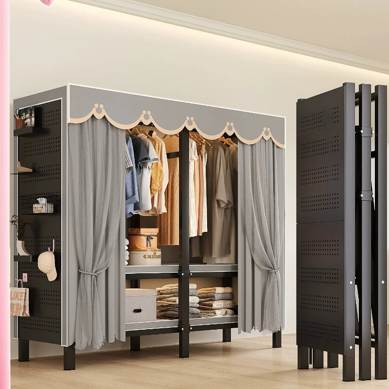 New type of hole plate wardrobe integrated installation-free folding storage full steel frame large-capacity sliding door rental