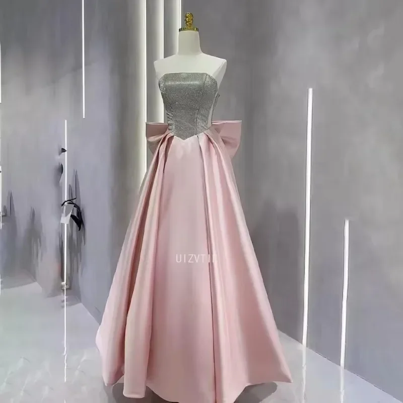 

Pink Satin Prom Dress Luxury Women Party Dresses with Bowknot Back Lace-up Dresses for Formal Occasions Customized Evening Dress