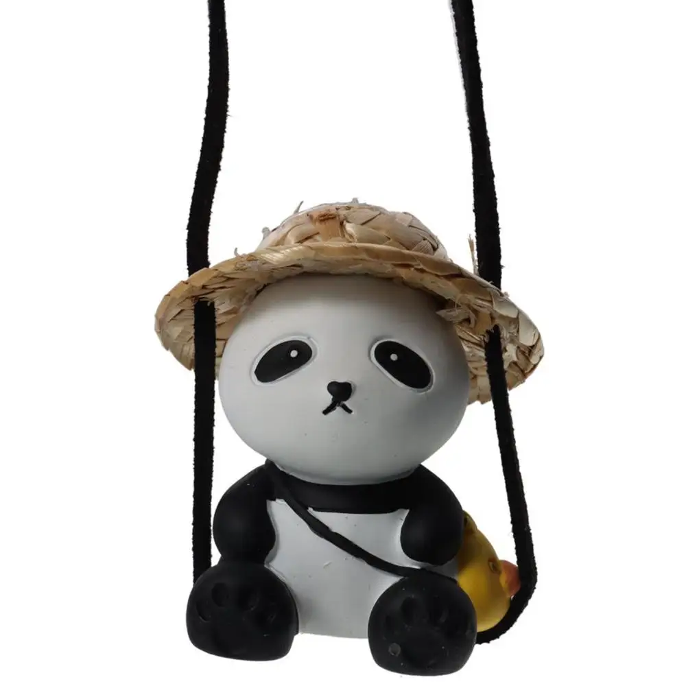 5.5*4.5cm Car Hanging Accessories Thickness 3.8cm Straw Hat Panda Car Rearview Mirror Decoration Resin Rope about 30cm Long