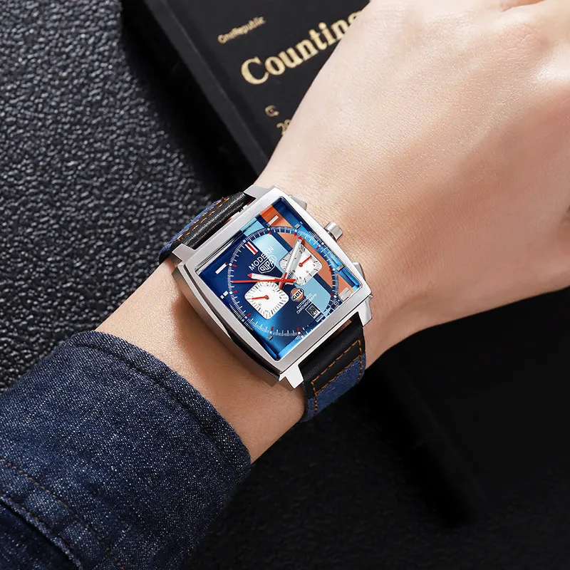 Oupai's New Sports square Mechanical Watch with Racing Design Waterproof Pointer Dial Acrylic Band and Cool Men's Watch