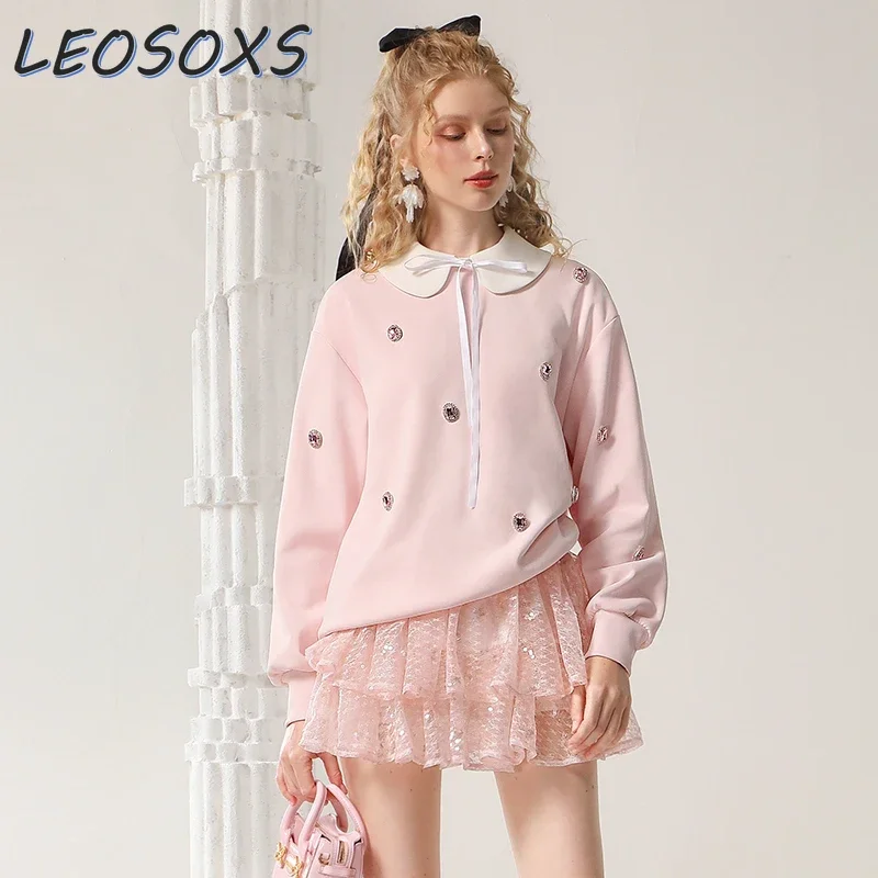 

LEOSOXS Designer Niche Pink Hoodie Women's 2024 New Autumn Sweet Cute Doll Collar Heavy Industry Diamond Loose Casual Sweatshirt