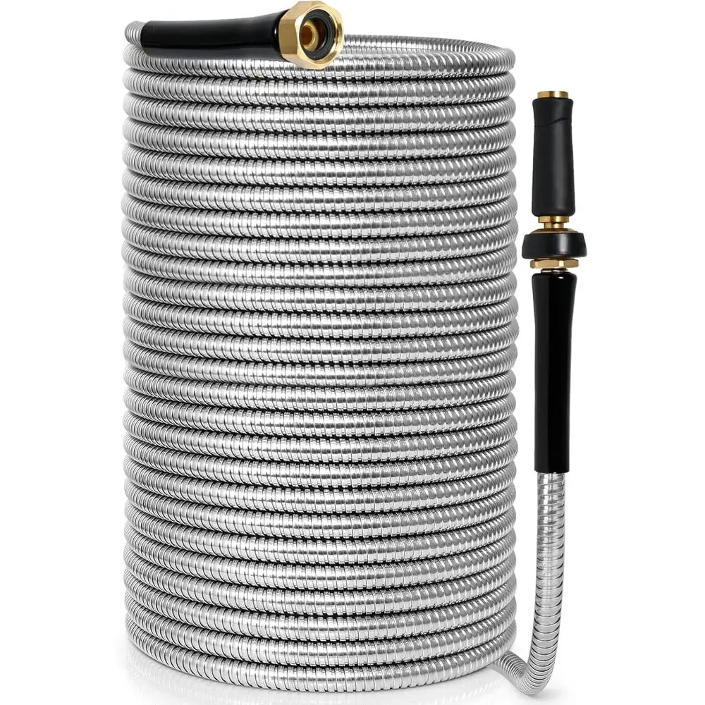 

Металлический садовый шланг 100 футов — водяной шланг из нержавеющей стали 304 с латунным соплом — сверхпрочный, без изгиба, супергибкий, прочный Garde