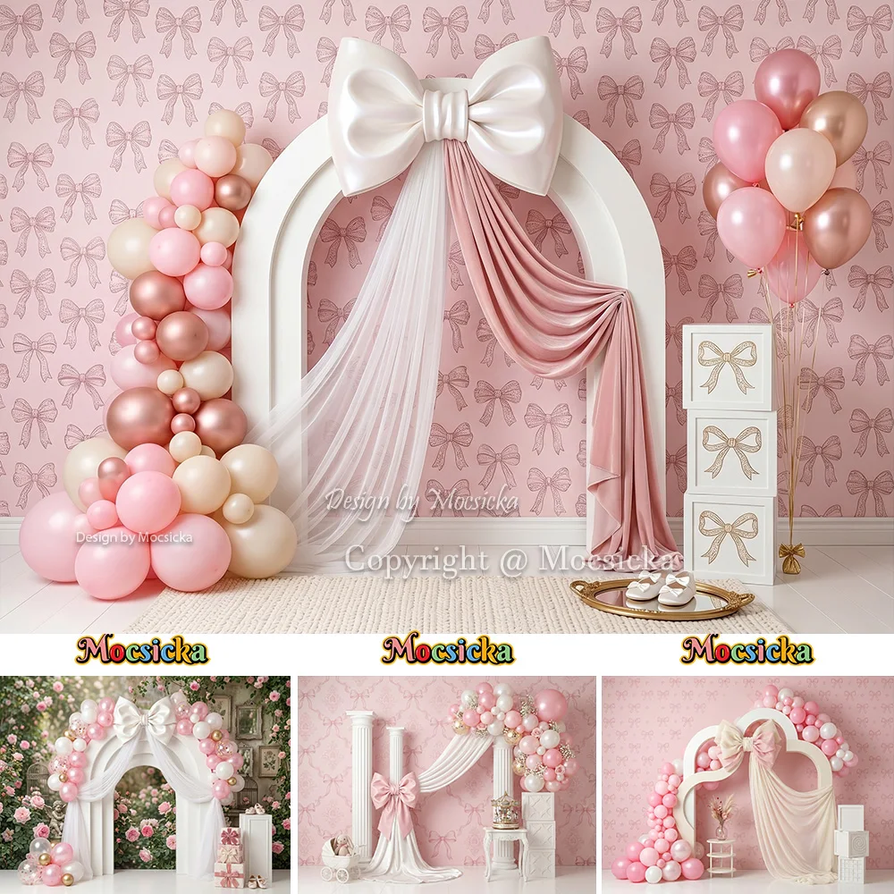 Mocsicka Pink Bow Princess Girl Birthday Backdrop Photography Ribbon Pattern Background Baby Shower Party Photozone Studio Decor