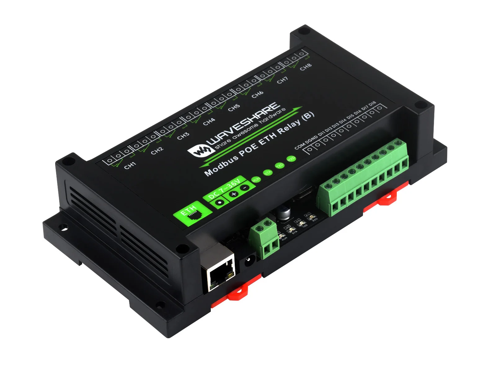 waveshare modulo de rele ethernet industrial canais com entrada digital modbus rtu modbus tcp isolamento vario porta poe 01