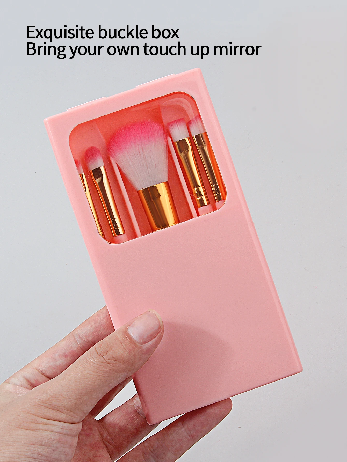 5 pçs mini conjunto de escova de maquiagem de viagem com caixa de armazenamento de espelho, escova de blush de cerdas macias, pincel de sombra, pincel labial e pincel corretivo